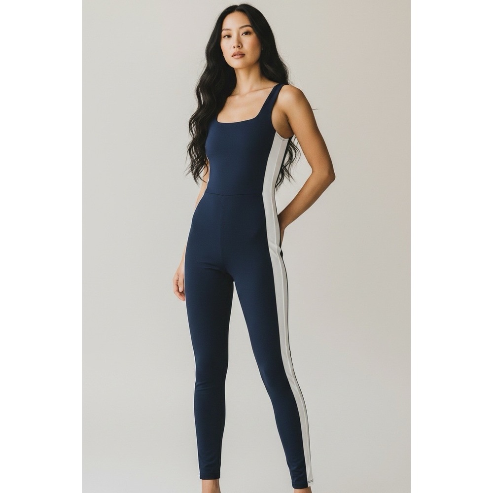 Fabletics PowerHold Womens Jumpsuit Navy White Stripe Bodysuit Est Size S